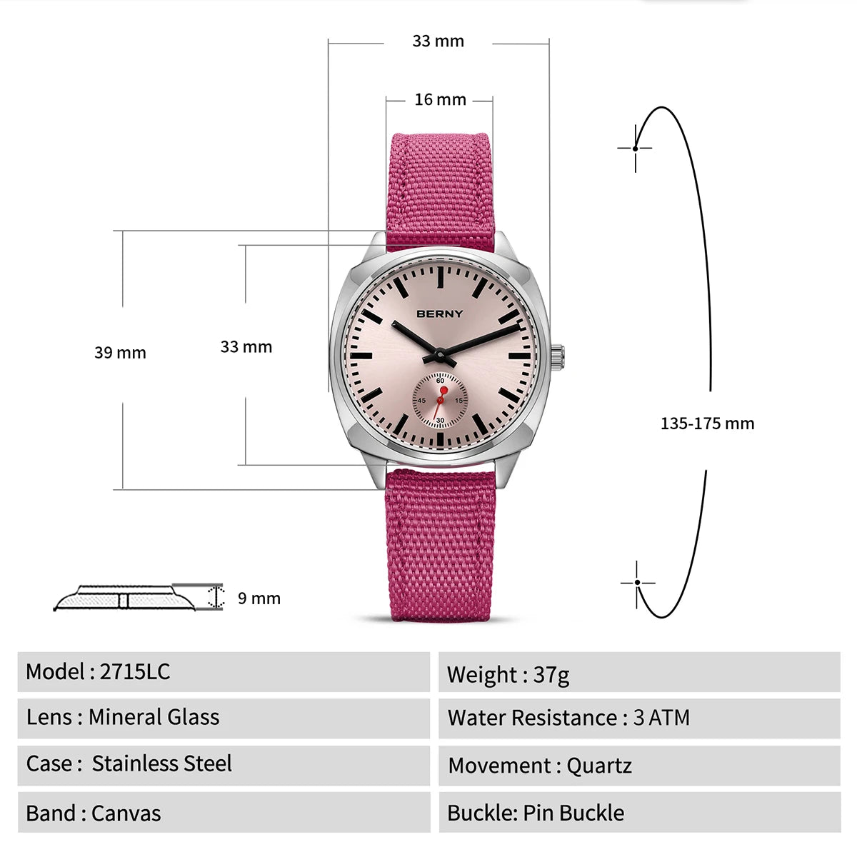 Ladies Swiss Railway Style Casual Watch With Pillow Case And Japanese Quartz Movement