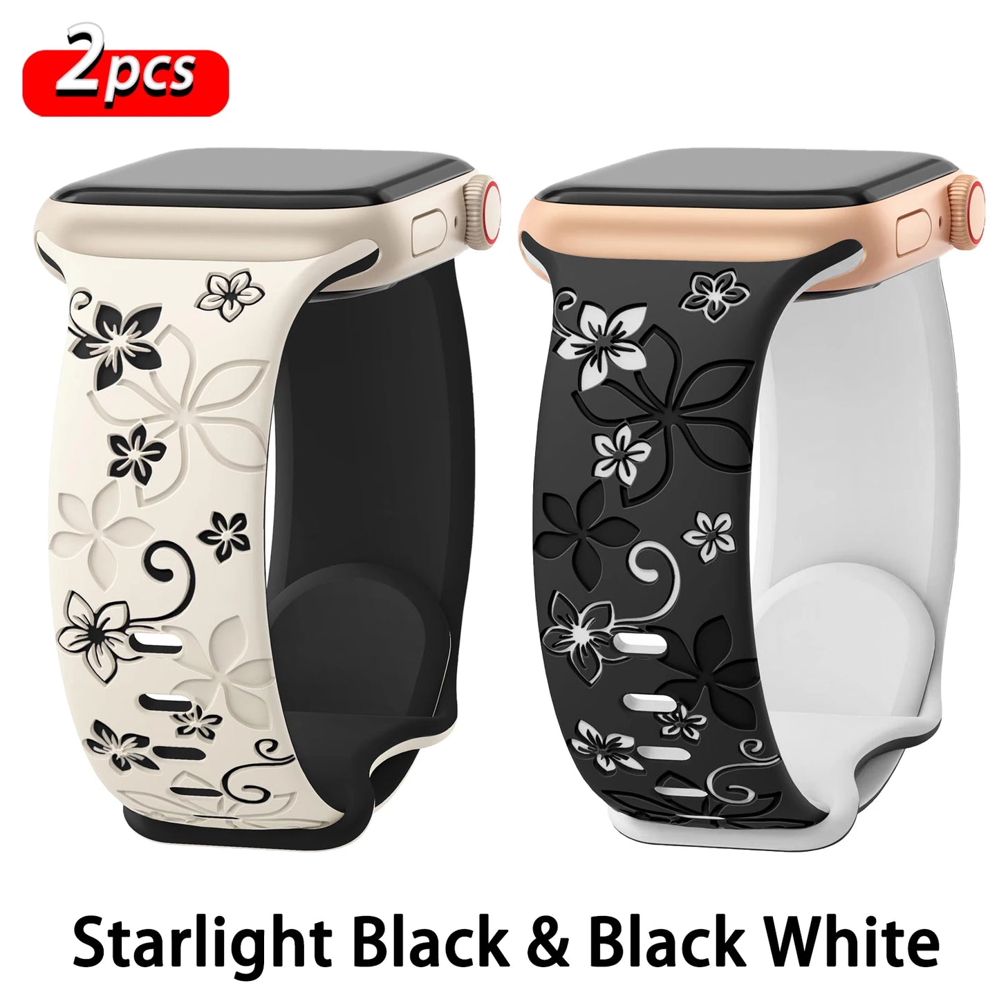 Floral Engraved Strap For Apple Watch Band 41mm 40mm 44mm 45mm 42mm 38mm 49mm Silicone Sport iWatch Series 10 SE 9 8 7 6 Ultra 2