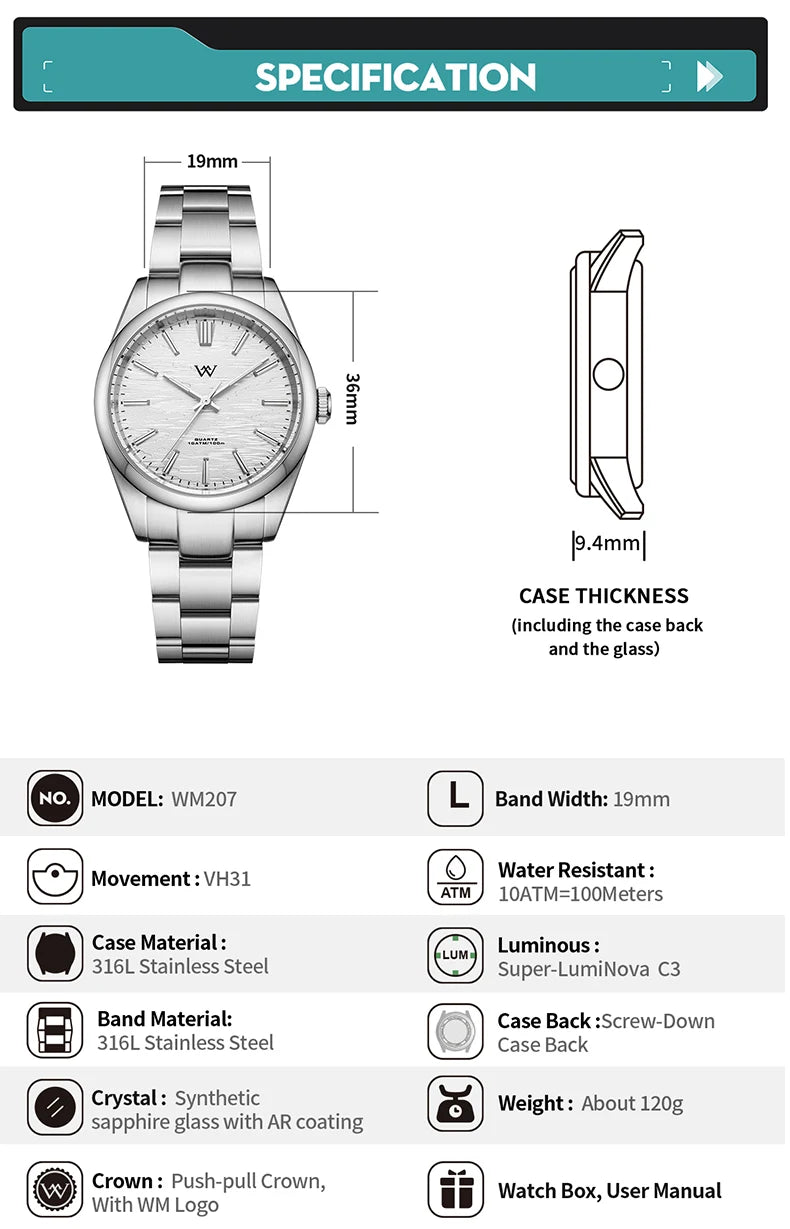 WM WM-207 - Birch Forest Series Stainless Steel Quartz Business & Dress Watch