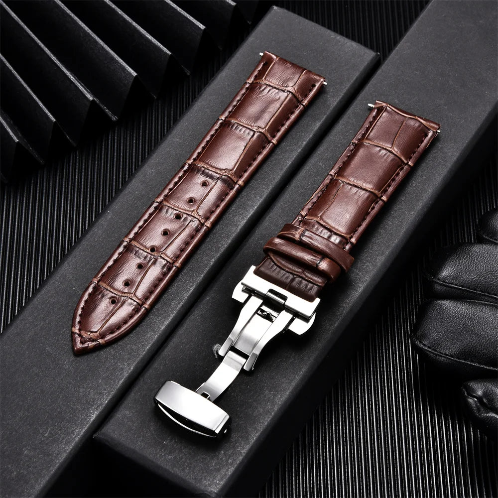 Calfskin Business Style Watch Strap With Butterfly Buckle - Sizes M & L