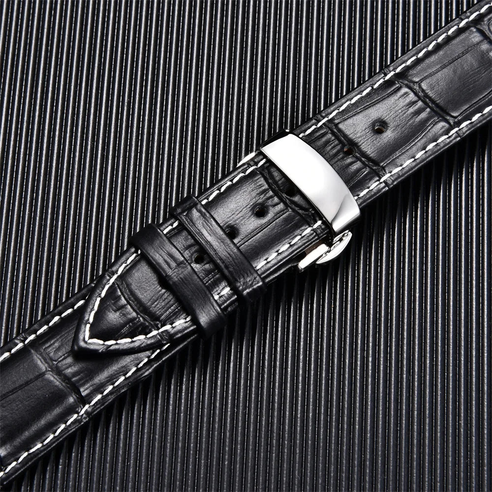 Calfskin Business Style Watch Strap With Butterfly Buckle - Sizes M & L