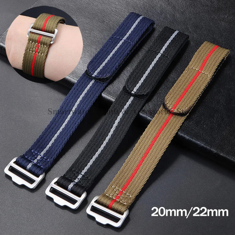 Nylon NATO Watch Strap with Pinstripe and Velcro Fastener - Sizes M & L