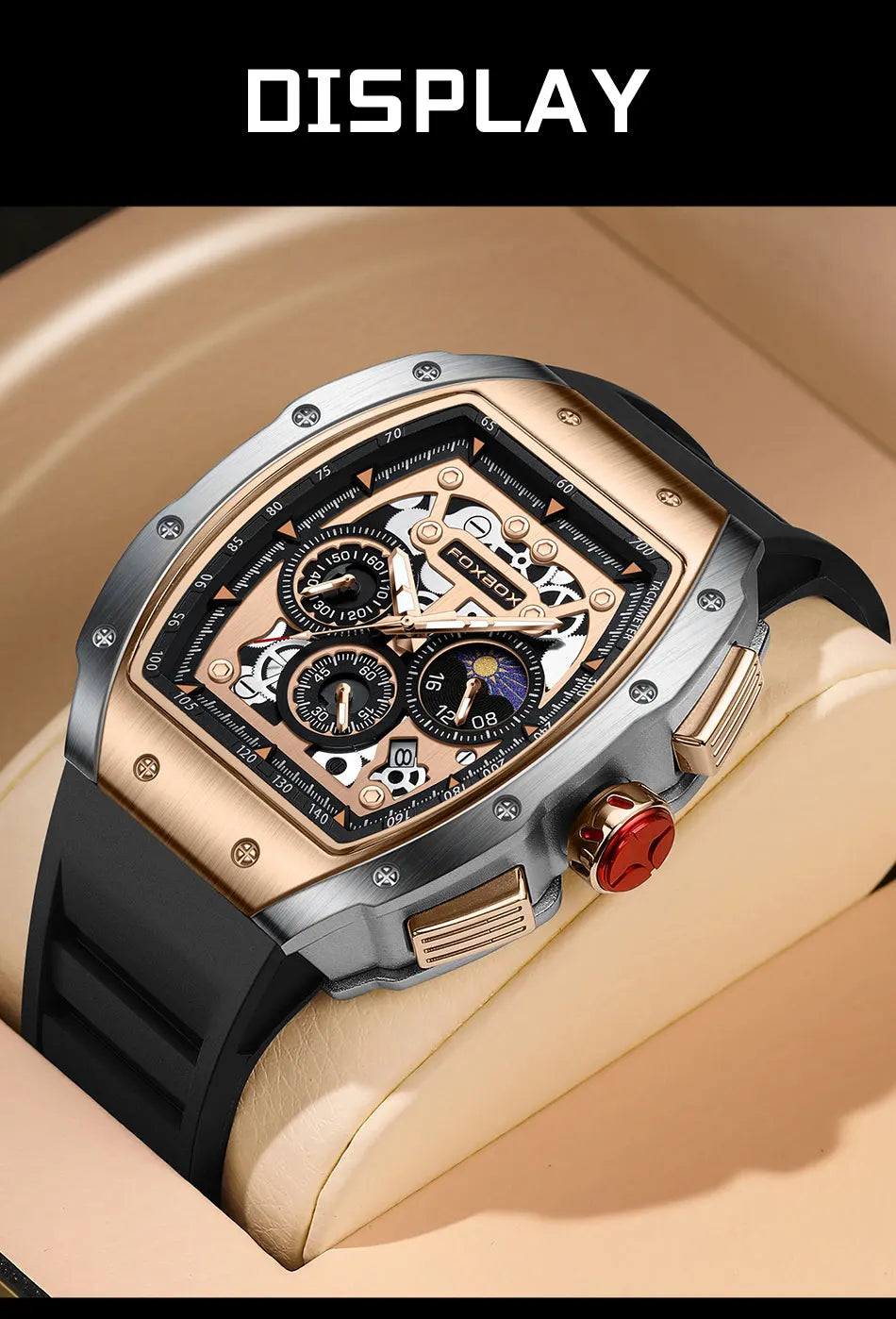 Lige Stainless Steel Fashion Chronograph With Tonneau Case & Skeleton Dial