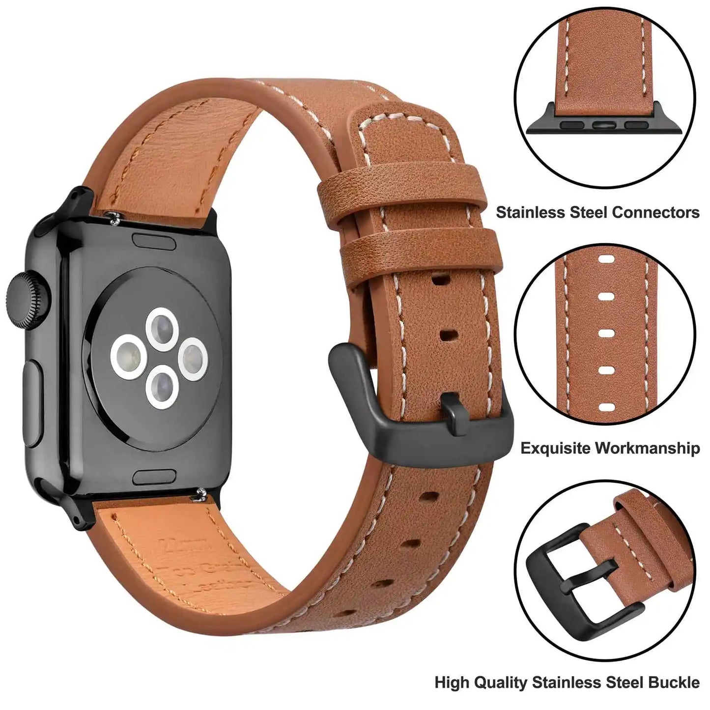 Anbeer Genuine Leather Watch Band for Apple Watch  - all Series 8 & 9