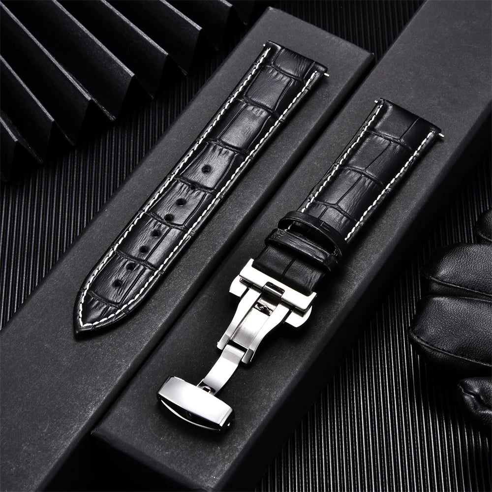 Calfskin Business Style Watch Strap With Butterfly Buckle - Sizes M & L