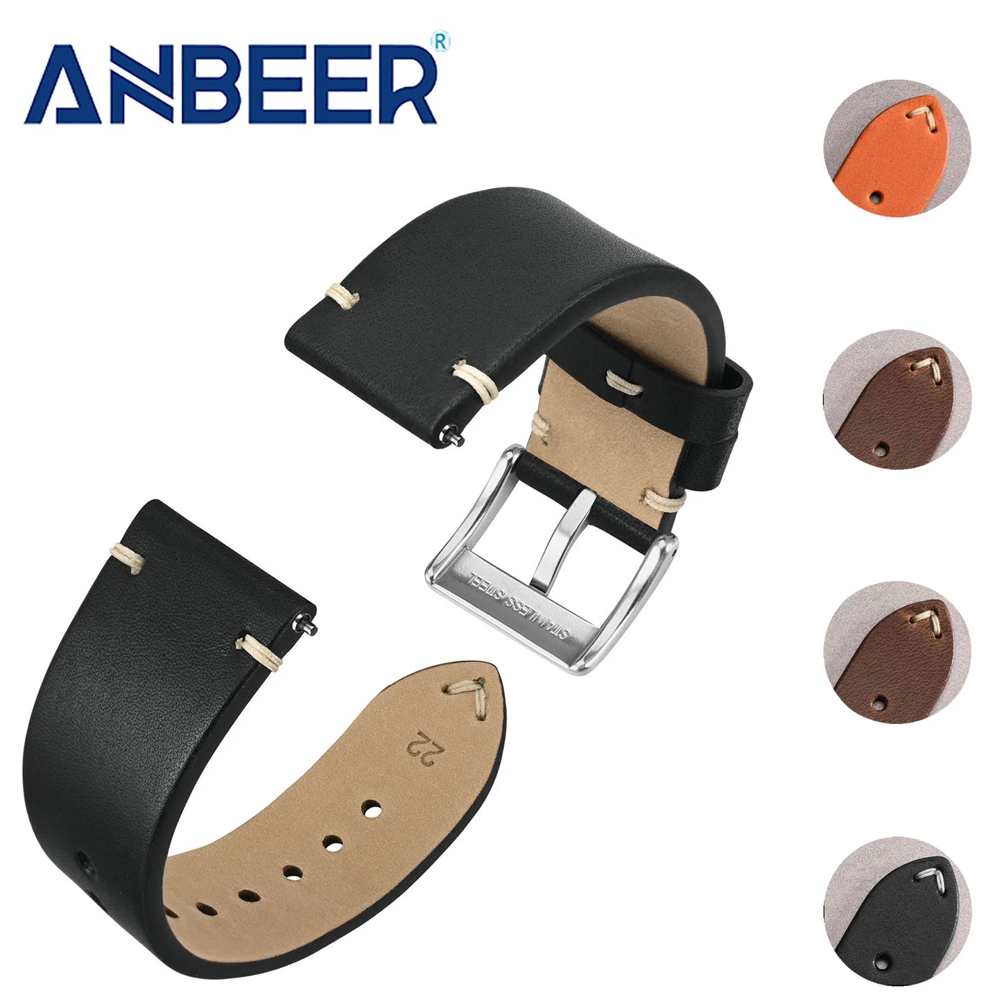 Anbeer Premium Military Style Leather Watch Strap With Stainless Steel Buckle - Sizes M & L