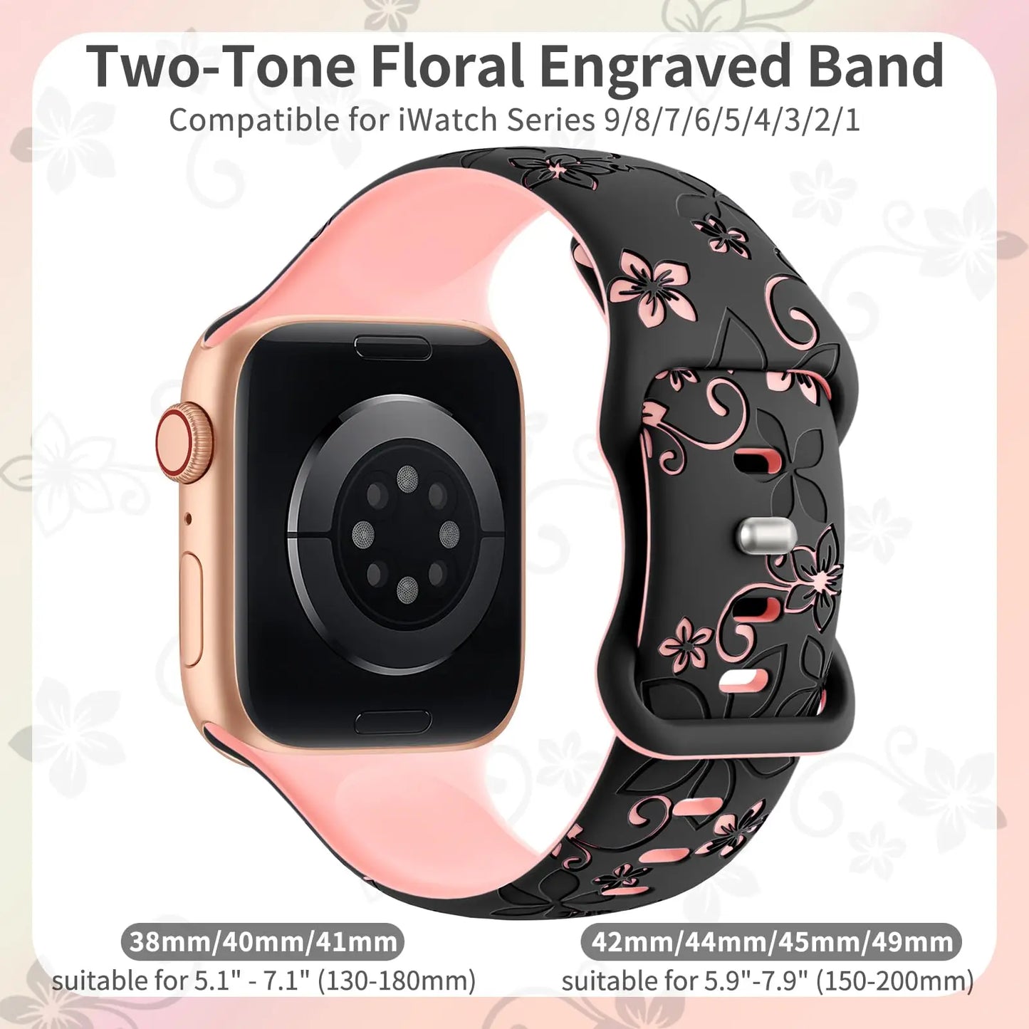 Floral Engraved Strap For Apple Watch Band 41mm 40mm 44mm 45mm 42mm 38mm 49mm Silicone Sport iWatch Series 10 SE 9 8 7 6 Ultra 2