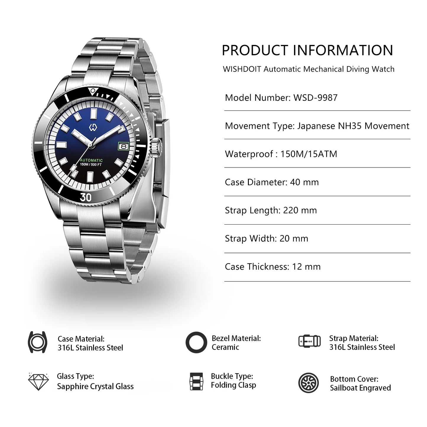 New men's automatic watch Men's super luminous bezel mechanical watch Japan NH35 150 meters waterproof diving