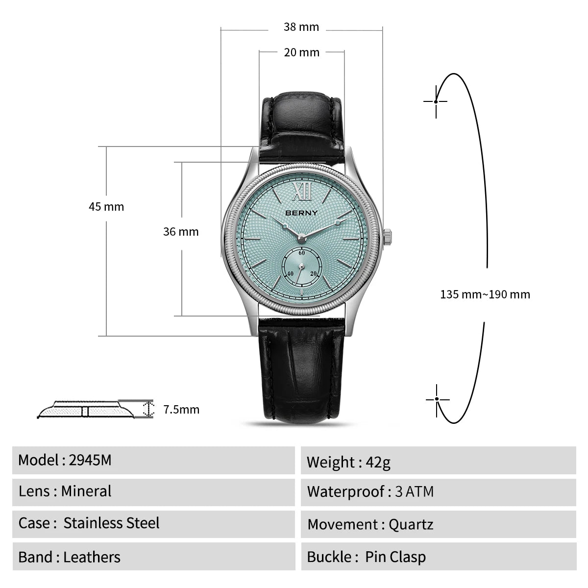 Berny 2944M - Quartz Dress Watch With Ultra-Thin Stainless Steel Case