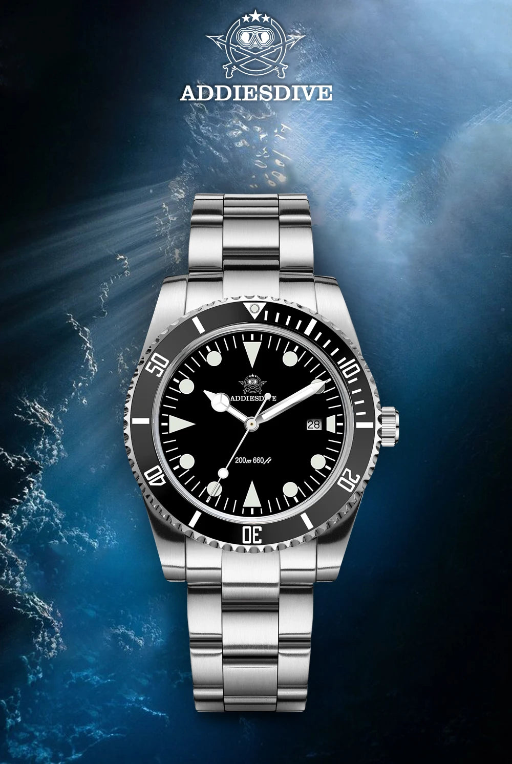 Addiesdive AD2068  - Stainless Steel 200m Dive Watch With BGW9 Lume & Ceramic Bezel