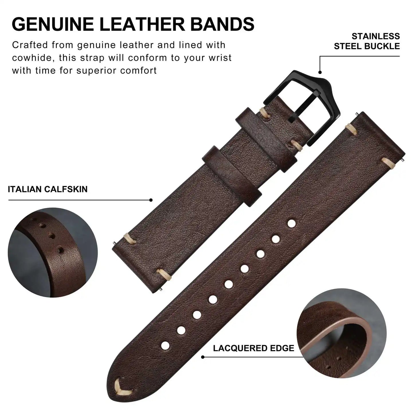 Anbeer Premium Retro Style Leather Watch Strap - Sizes M & L