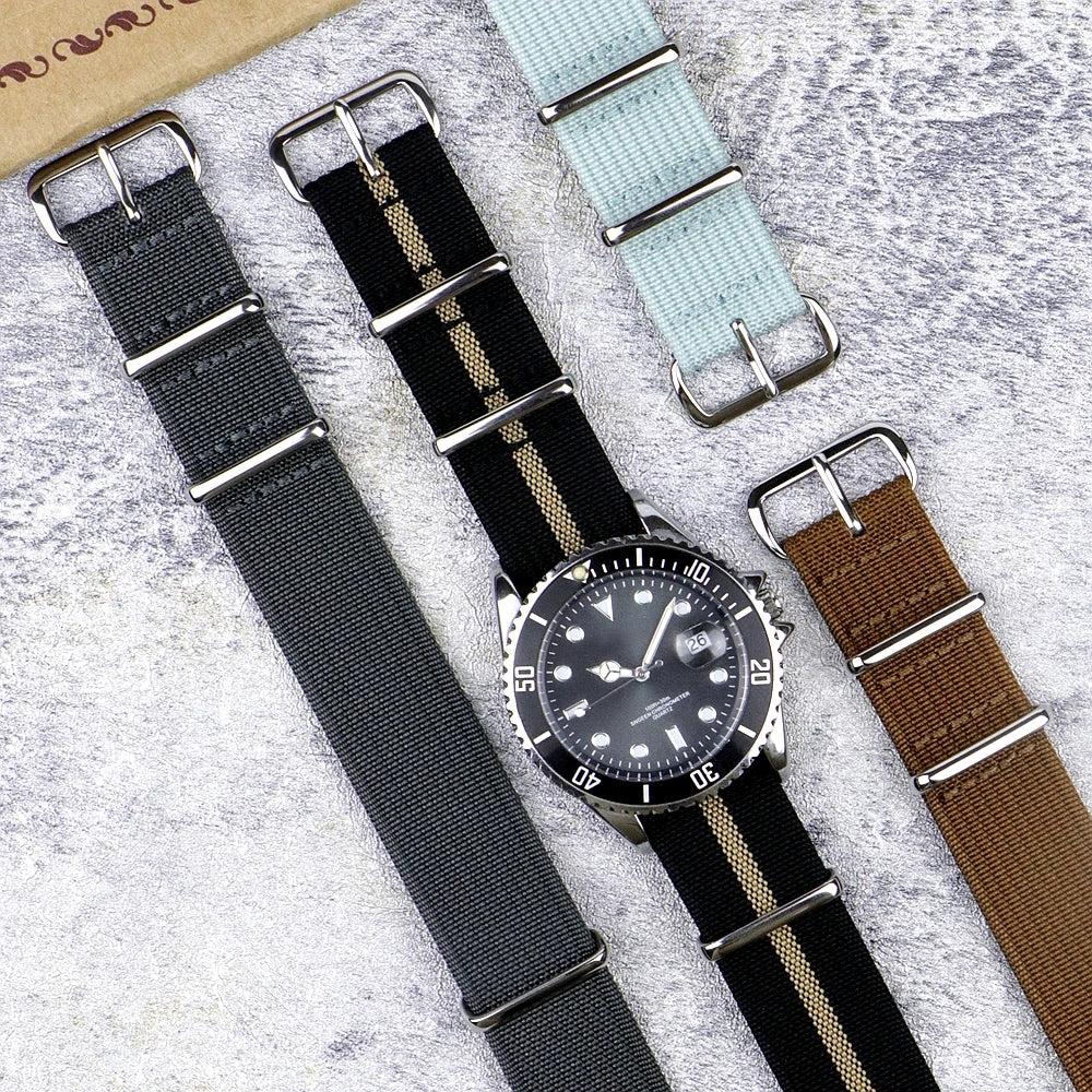 High Quality Ribbed NATO Style Watch Strap with Stainless Steel Hardware - Sizes M & L