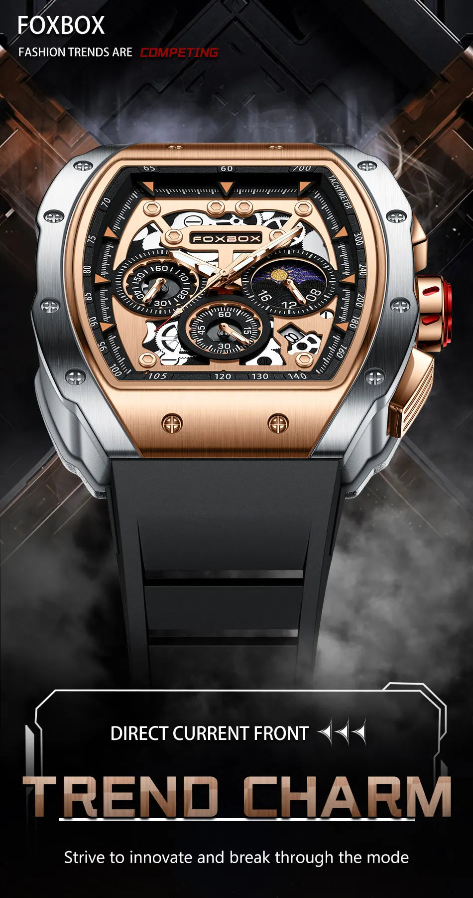 Lige Stainless Steel Fashion Chronograph With Tonneau Case & Skeleton Dial