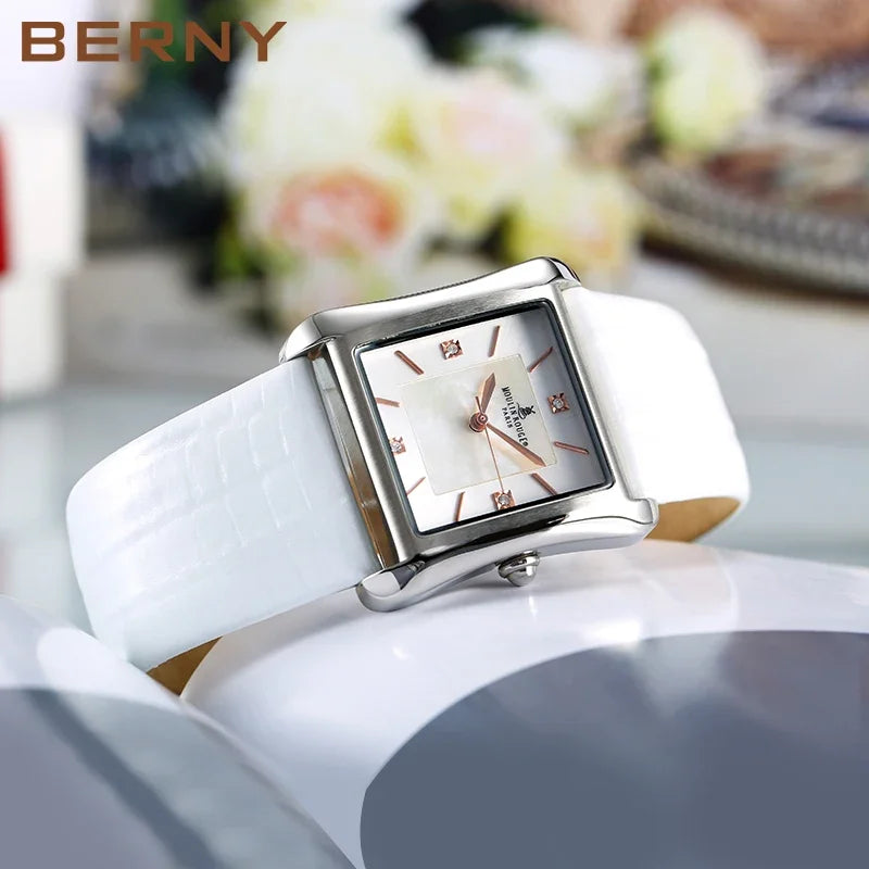 Square Stainless Steel Fashion Watch With Mother of Pearl & Gemstone Dial.