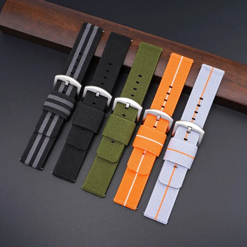 Woven Nylon Two Piece Watch Strap with Pinstripe and Quick Release - Sizes M & L