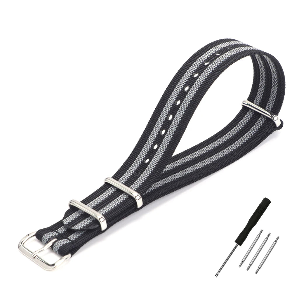 High Quality Ribbed NATO Style Watch Strap with Stainless Steel Hardware - Sizes M & L