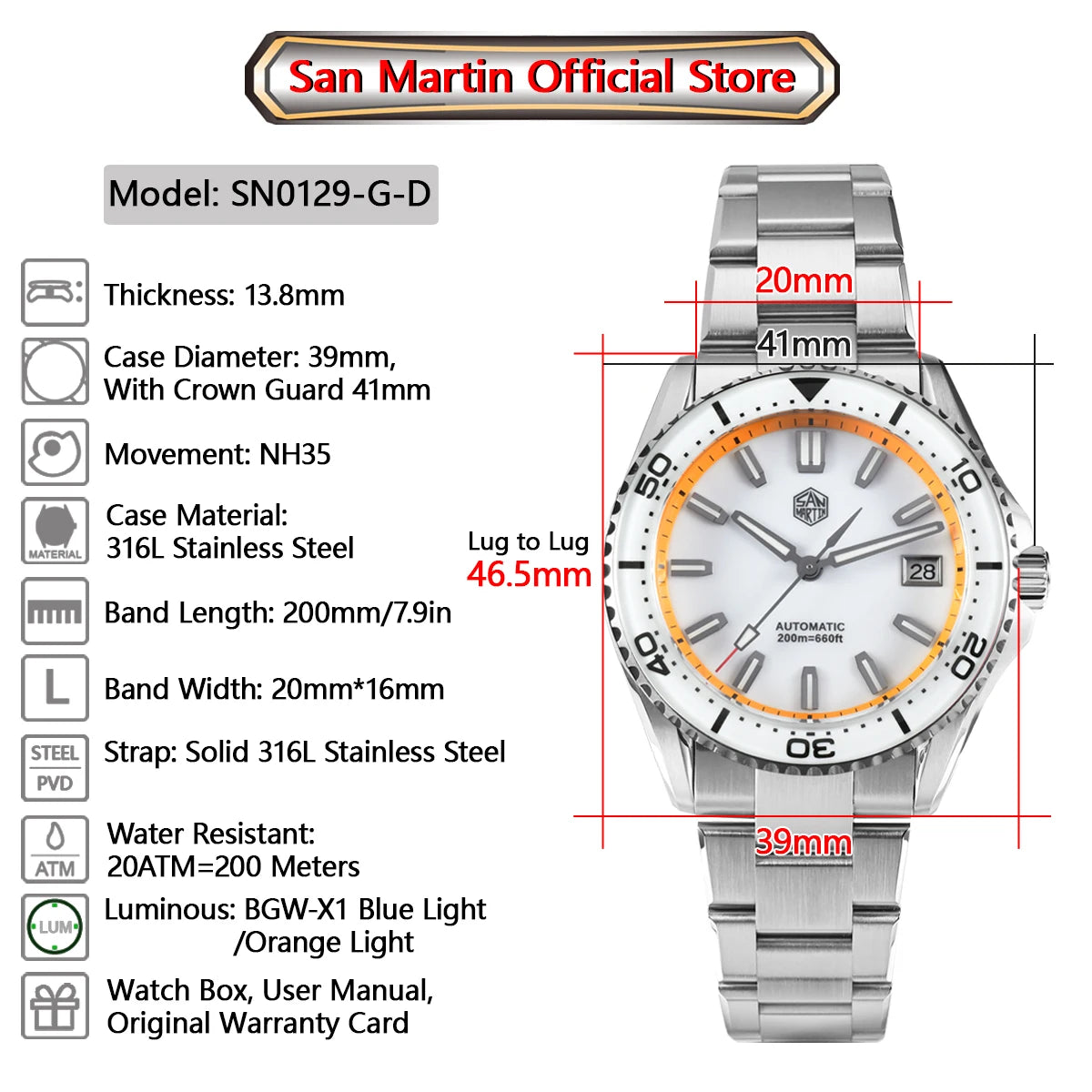 San Martin SN0129-G-D - Enamel Dial 39mm Dive Watch with Seiko NH35 Automatic Movement