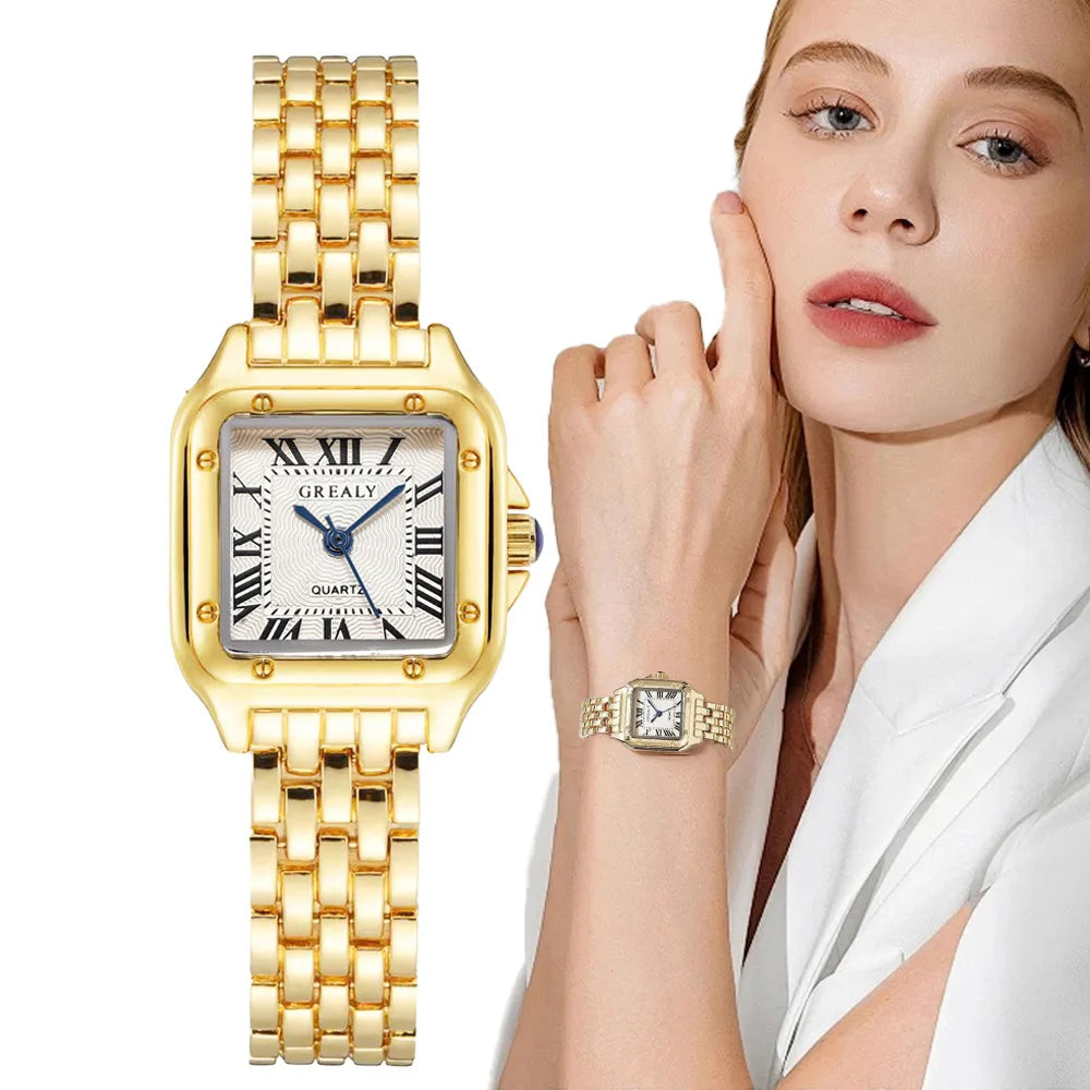 Square Ladies Fashionable Dress Watch With Silver/Gold tone Case & Bracelet