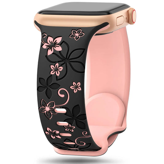 Floral Engraved Strap For Apple Watch Band 41mm 40mm 44mm 45mm 42mm 38mm 49mm Silicone Sport iWatch Series 10 SE 9 8 7 6 Ultra 2