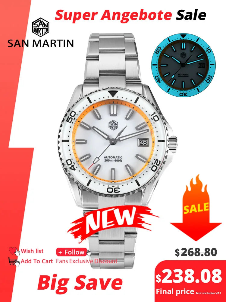 San Martin SN0129-G-D - Enamel Dial 39mm Dive Watch with Seiko NH35 Automatic Movement