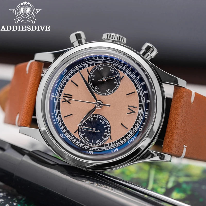 Addiesdive AD2037 - Stainless Steel MechaQuartz Chronograph with soft leather strap