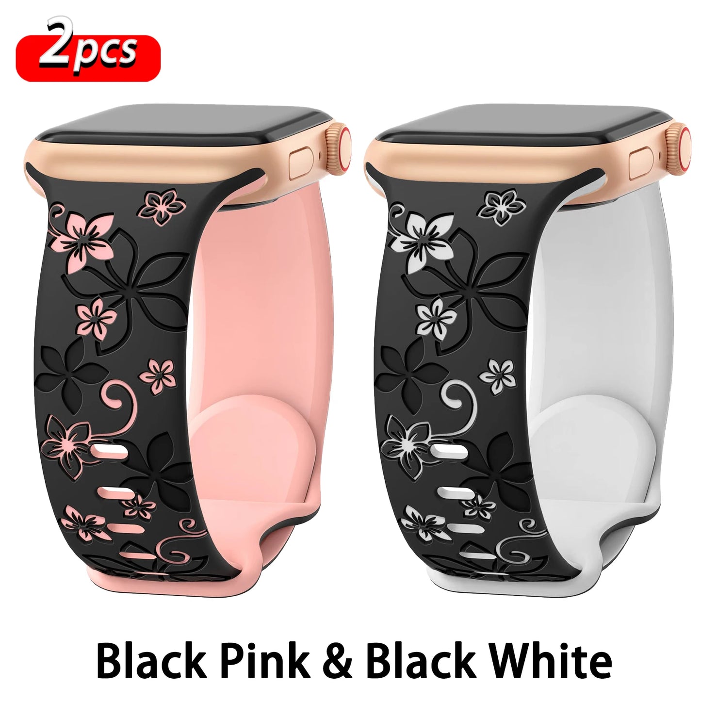 Floral Engraved Strap For Apple Watch Band 41mm 40mm 44mm 45mm 42mm 38mm 49mm Silicone Sport iWatch Series 10 SE 9 8 7 6 Ultra 2