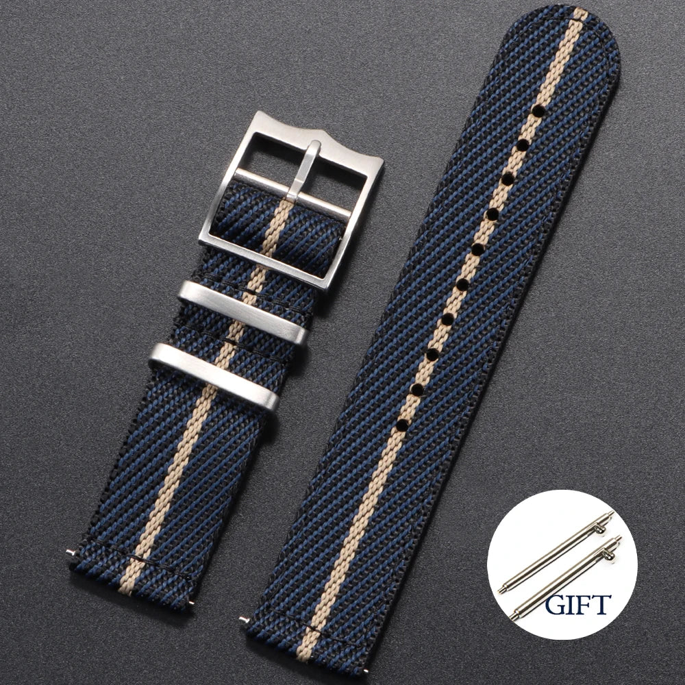 Two piece woven nylon strap with choice of buckle styles and quick release system - Sizes M & L