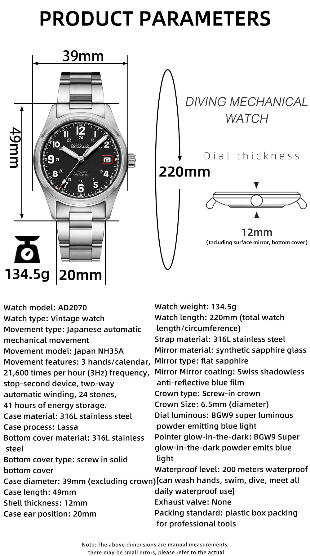 Addiesdive AD2070 - Automatic Stainless Steel Field Watch