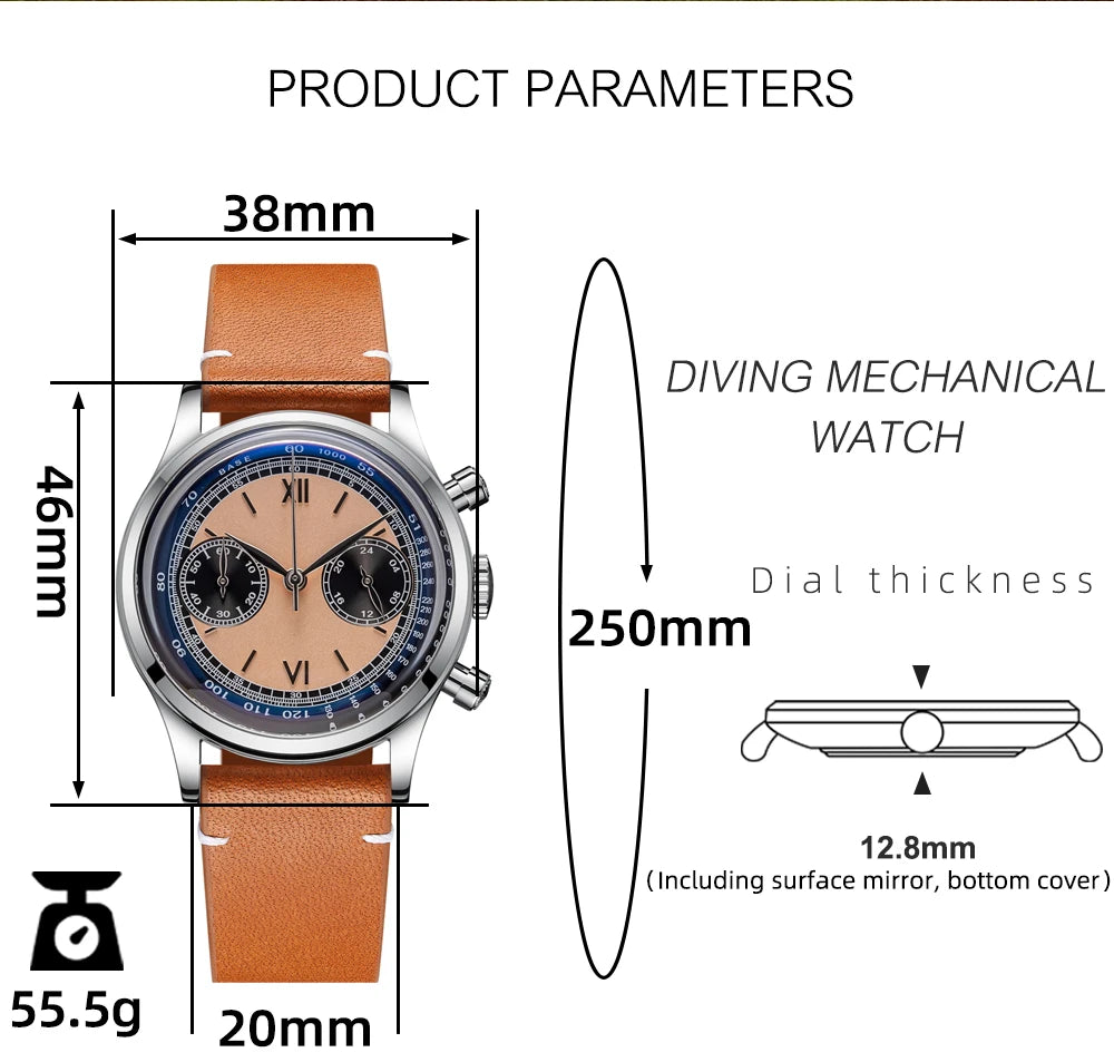 Addiesdive AD2037 - Stainless Steel MechaQuartz Chronograph with soft leather strap