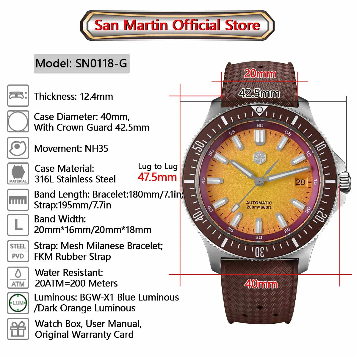 San Martin SN0118-G - Fruit Series Automatic 200m Dive Watch with Seiko NH35 Movement