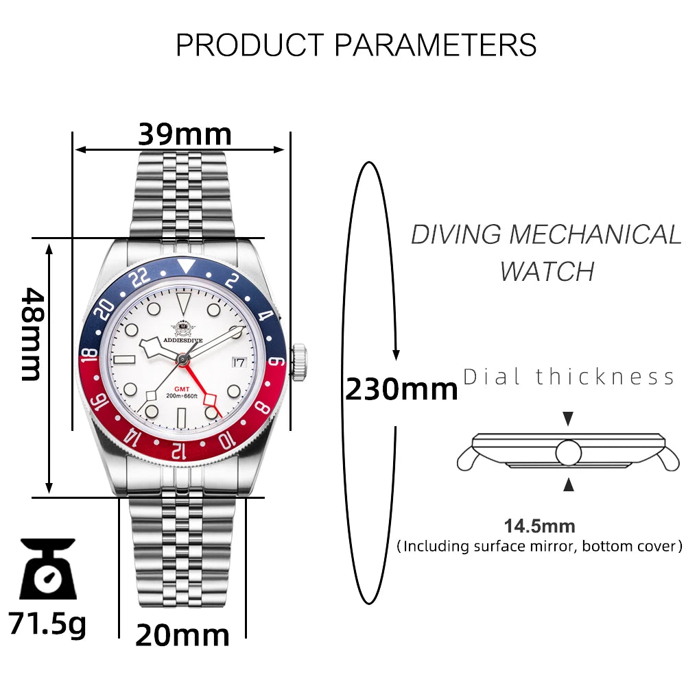 Addiesdive AD2044 - High Quality Swiss Quartz GMT Dive Watch With Bracelet or NATO Strap