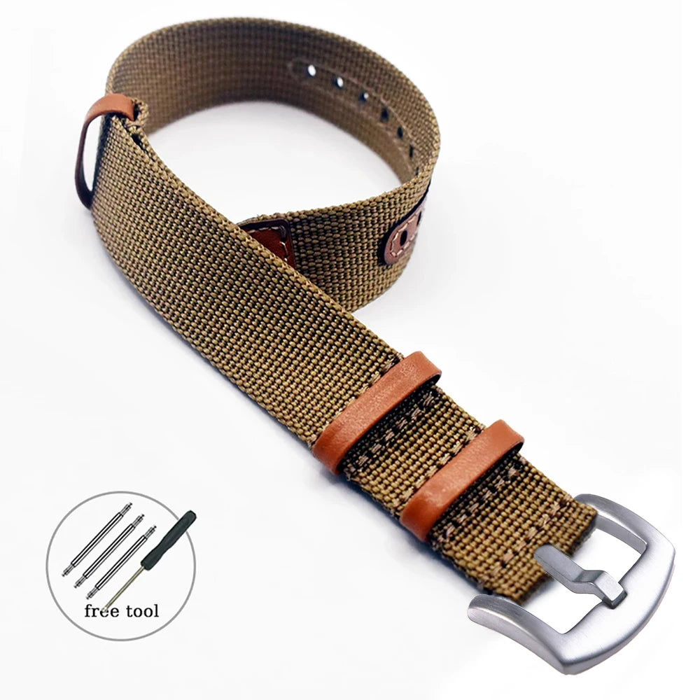 Canvas Patch Style Nylon Leather NATO Strap with choice of buckle - Sizes M & L