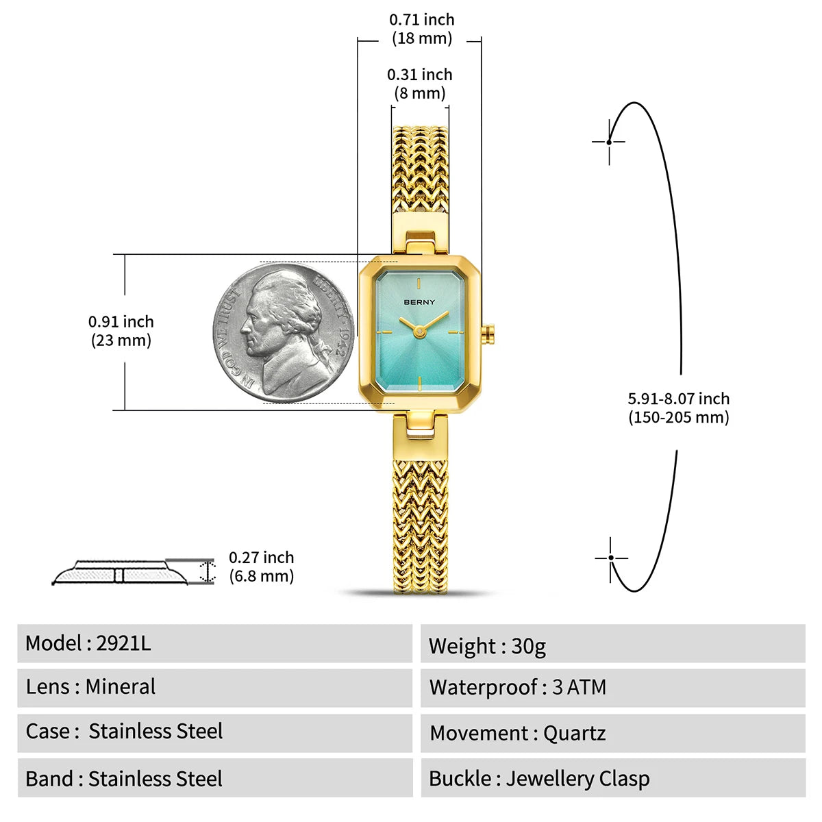 Berny 2921L - Gold tone Stainless Steel Quartz Fashion and Dress Watch