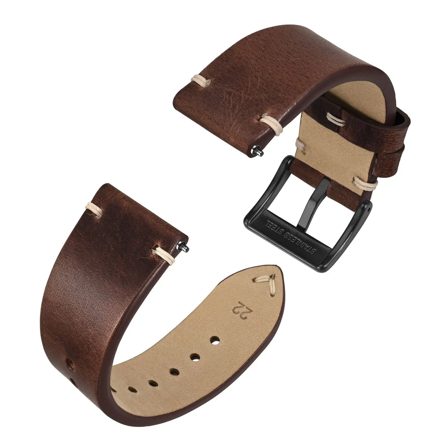 Anbeer Premium Military Style Leather Watch Strap With Stainless Steel Buckle - Sizes M & L