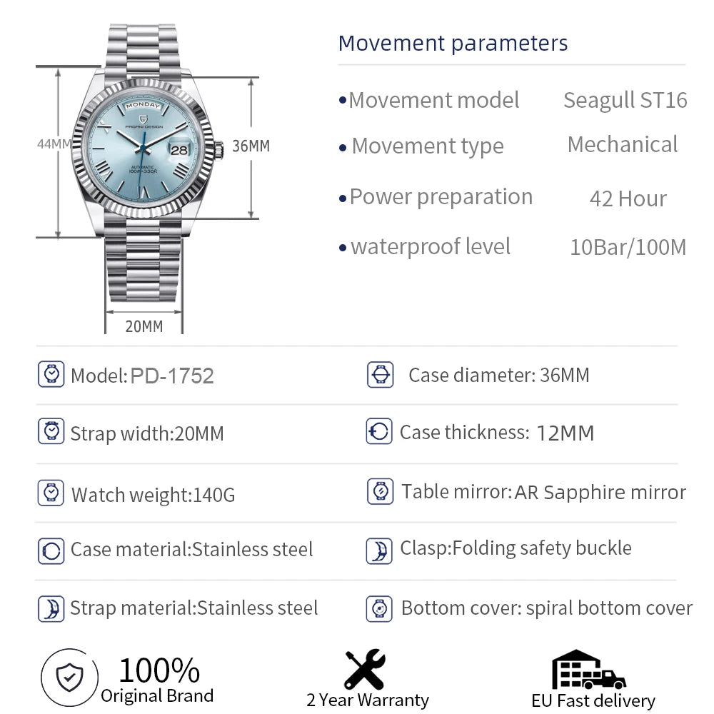 Pagani Design PD 1752 - Day and Date Stainless Steel Automatic Dress Watch