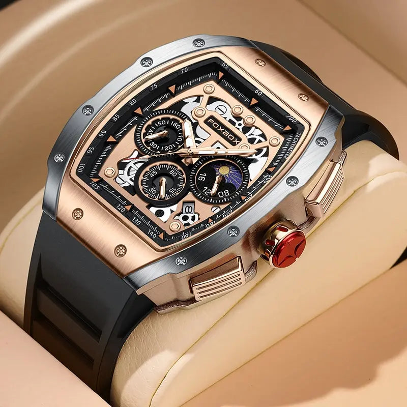 Lige Stainless Steel Fashion Chronograph With Tonneau Case & Skeleton Dial