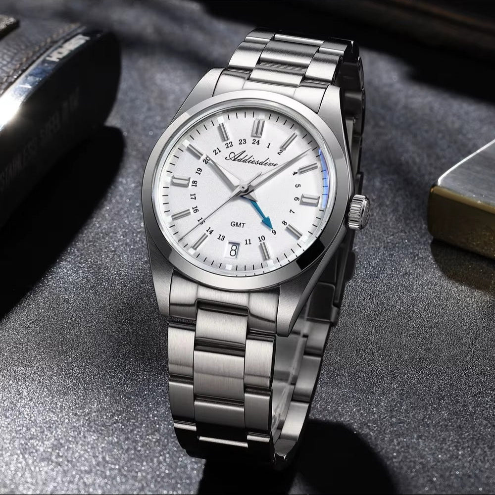 Stainless Steel GMT Watch white on desk