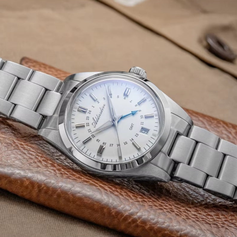 Stainless Steel GMT Watch white on desk