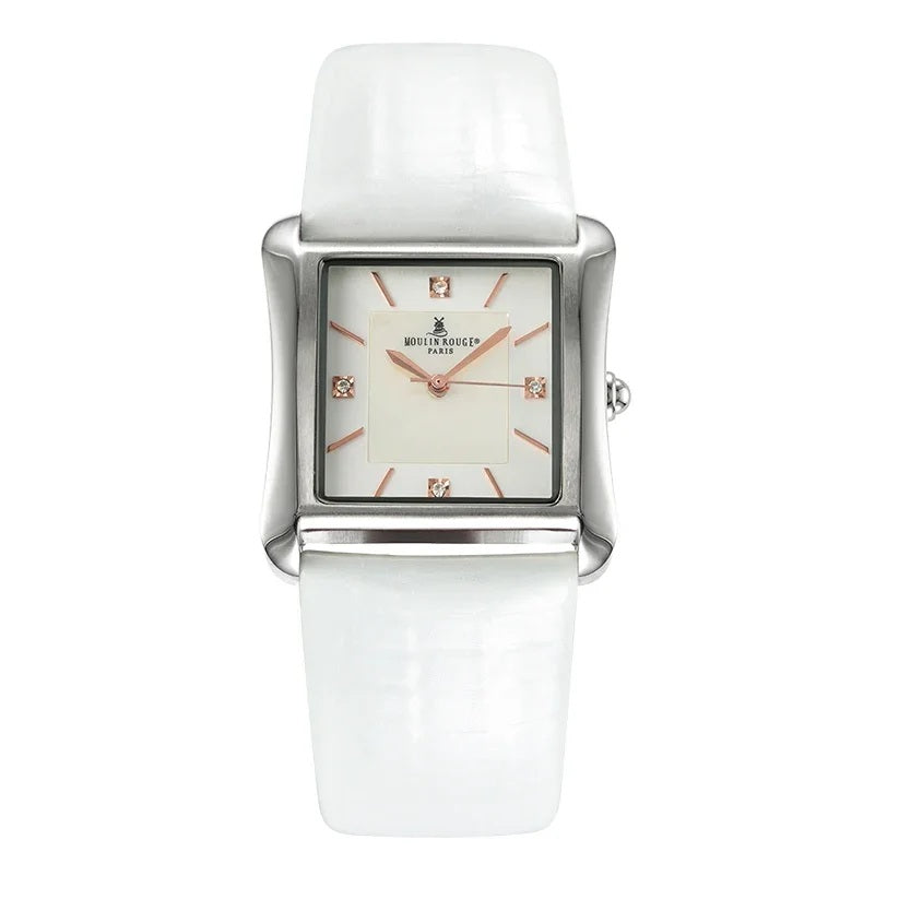 Square Stainless Steel Fashion Watch With Mother of Pearl & Gemstone Dial.